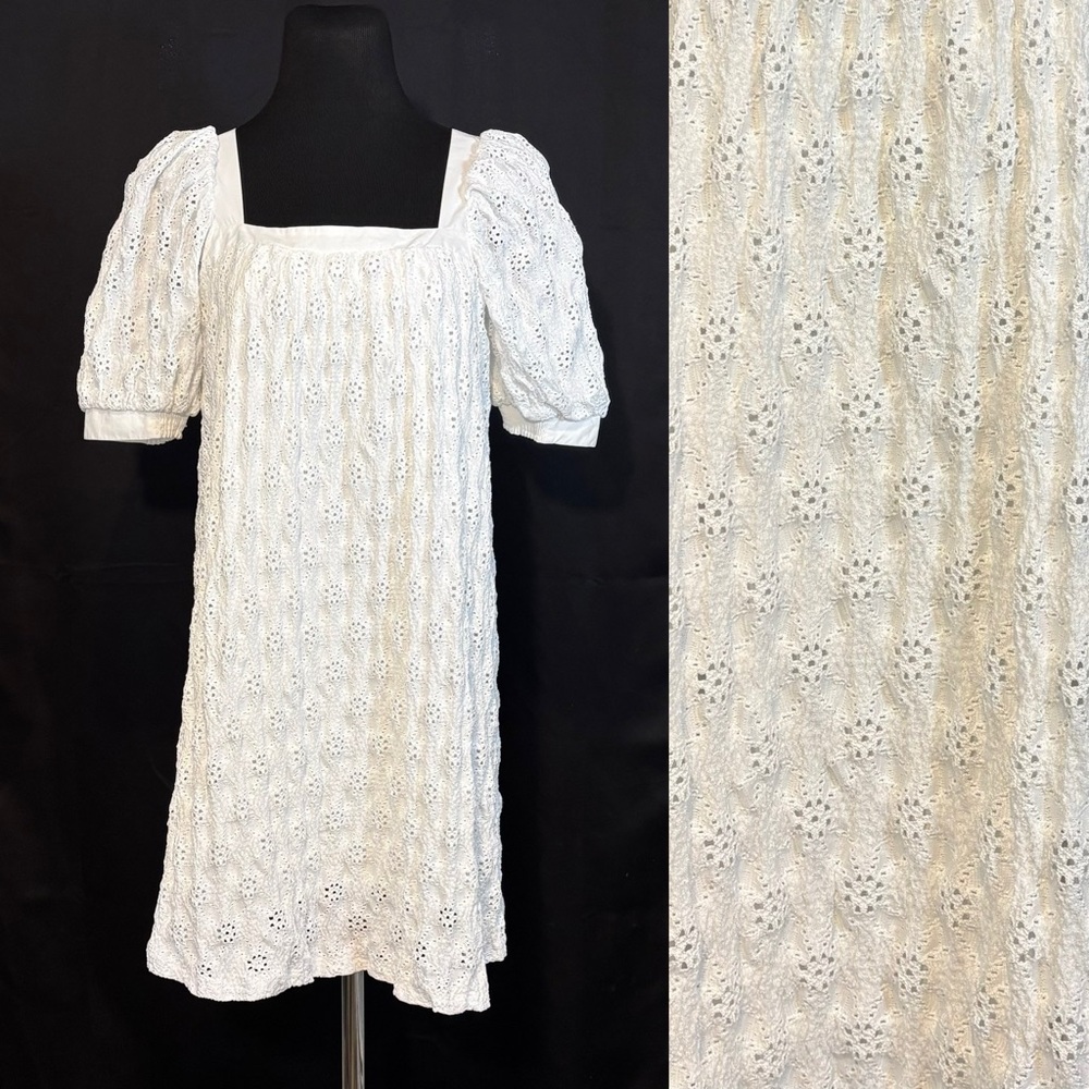 Maeve Anthropologie S White Eyelet Baby-Doll Short Puff Sleeve Shift Dress Lined